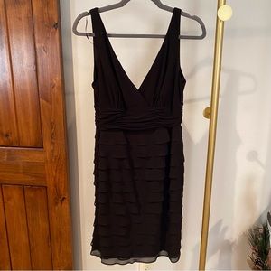 S.L. Fashions Size 10 Black dress with v-neck top front & back, ruffled skirt